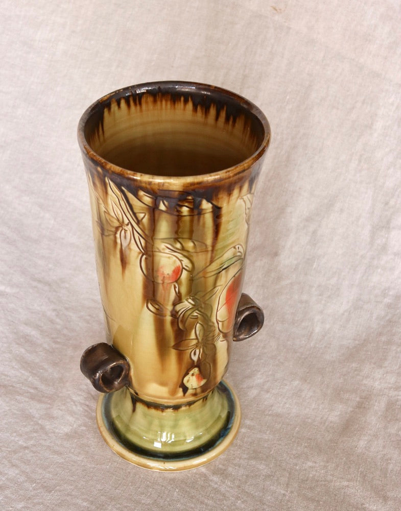 Ochre Yellow Pedestal Vase with Carved Orange Detail and Small Handles