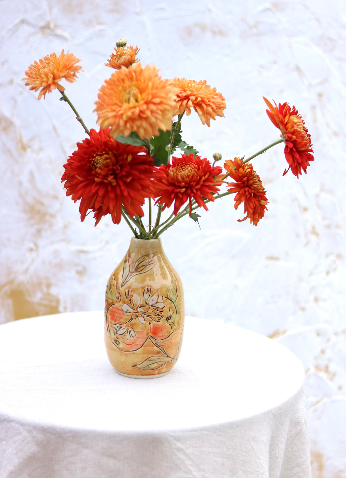 Hand Carved Botanical Bottle Vase Orange Blossom