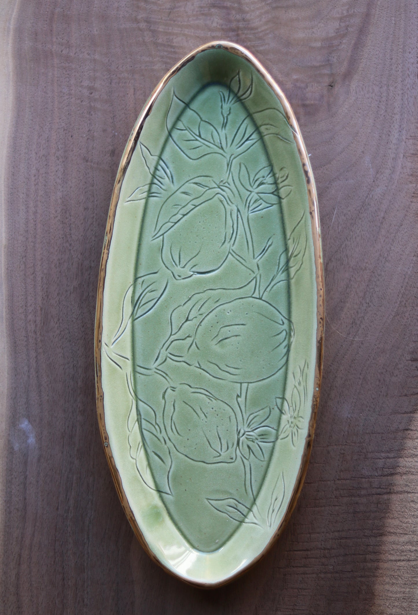 Verdant Green Glazed Lemon Botanical Carved 14" Narrow Tray, Gold Rim