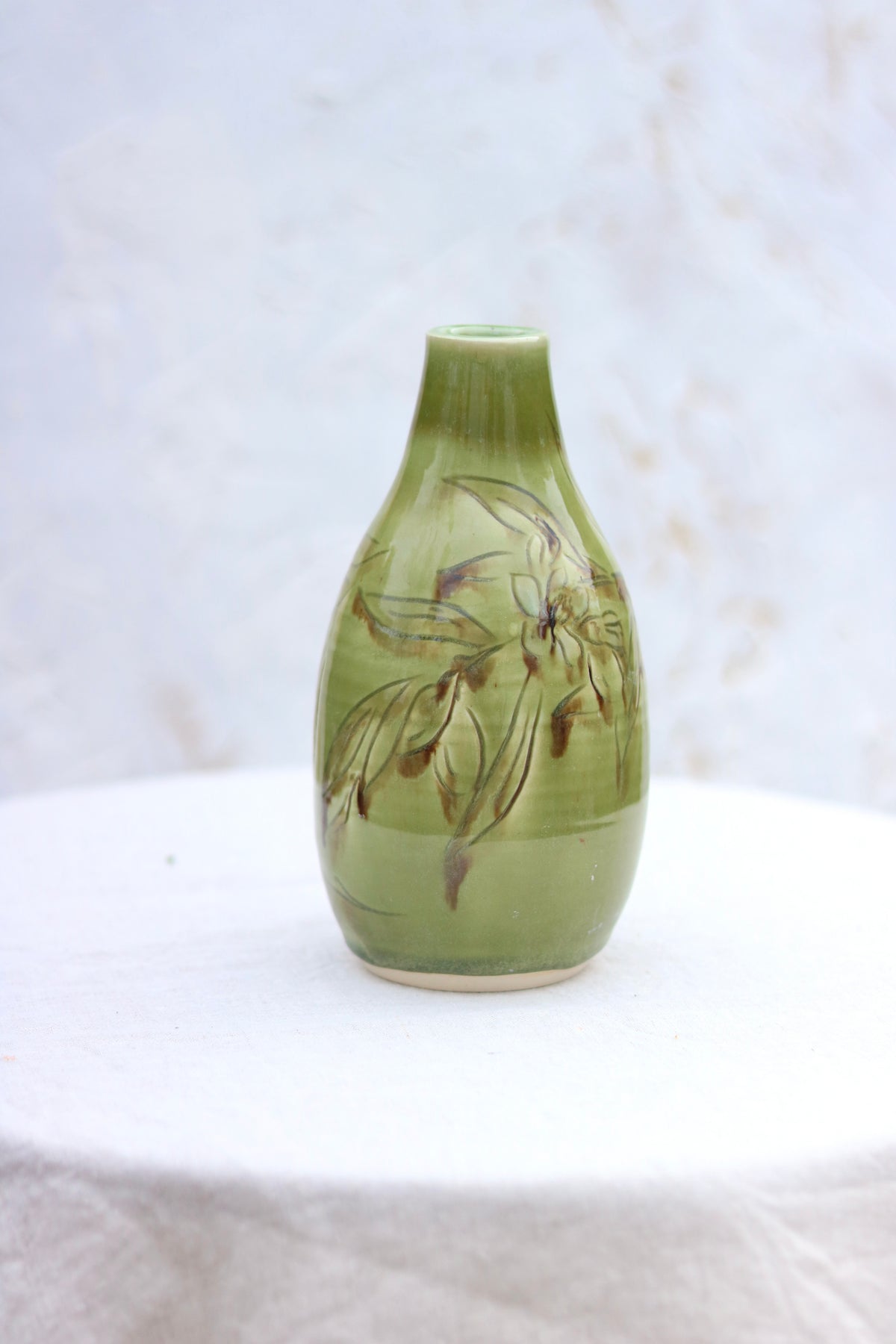 Hand Carved Botanical Vase in Olive Branch