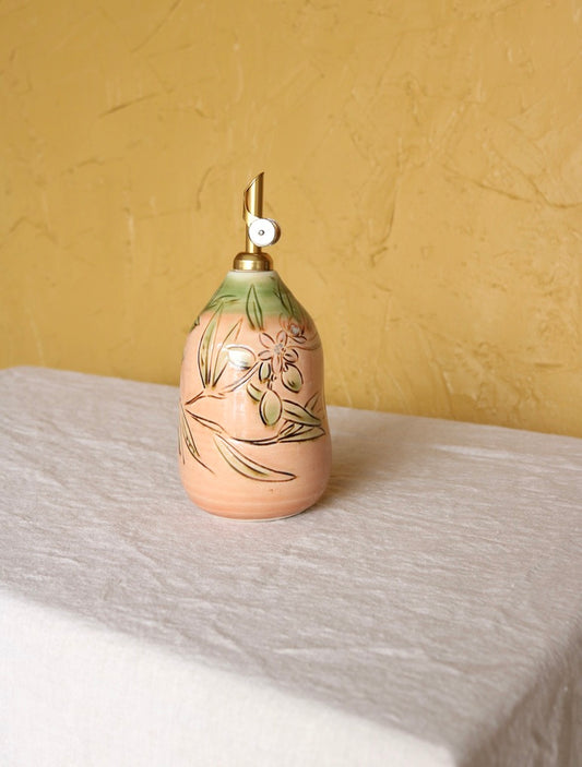 Olive Oil Cruet (20 oz) with Olive Botanical in Blush Pink