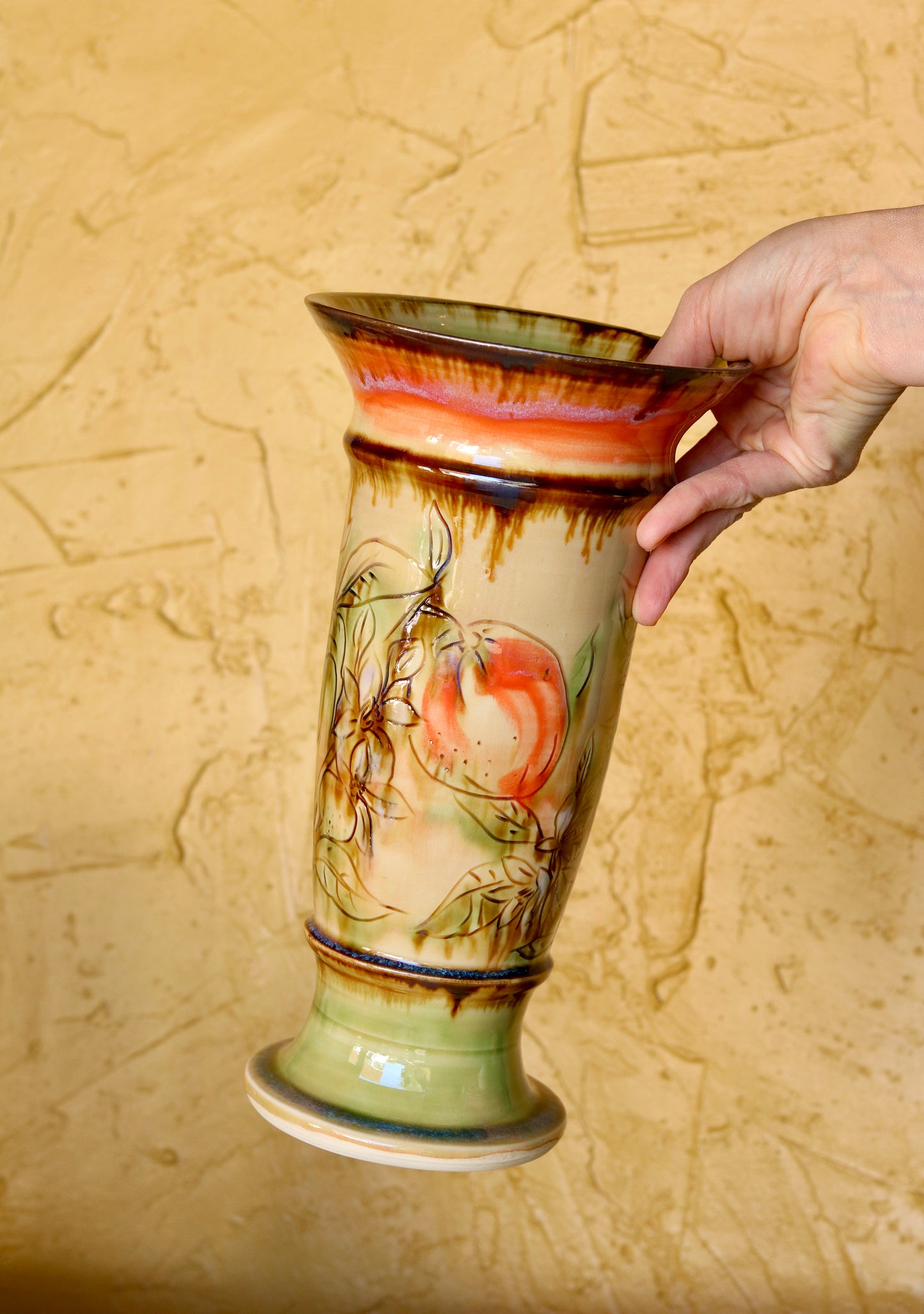 Tall Pedestal Vase with Orange Detail