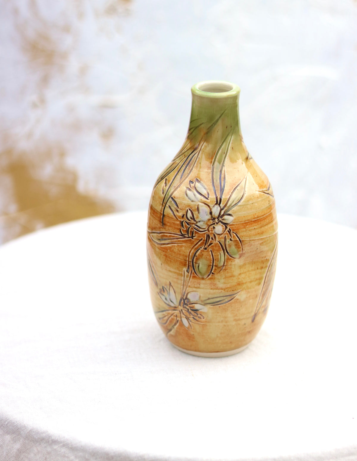 Hand Carved Botanical Vase in Olive Branch