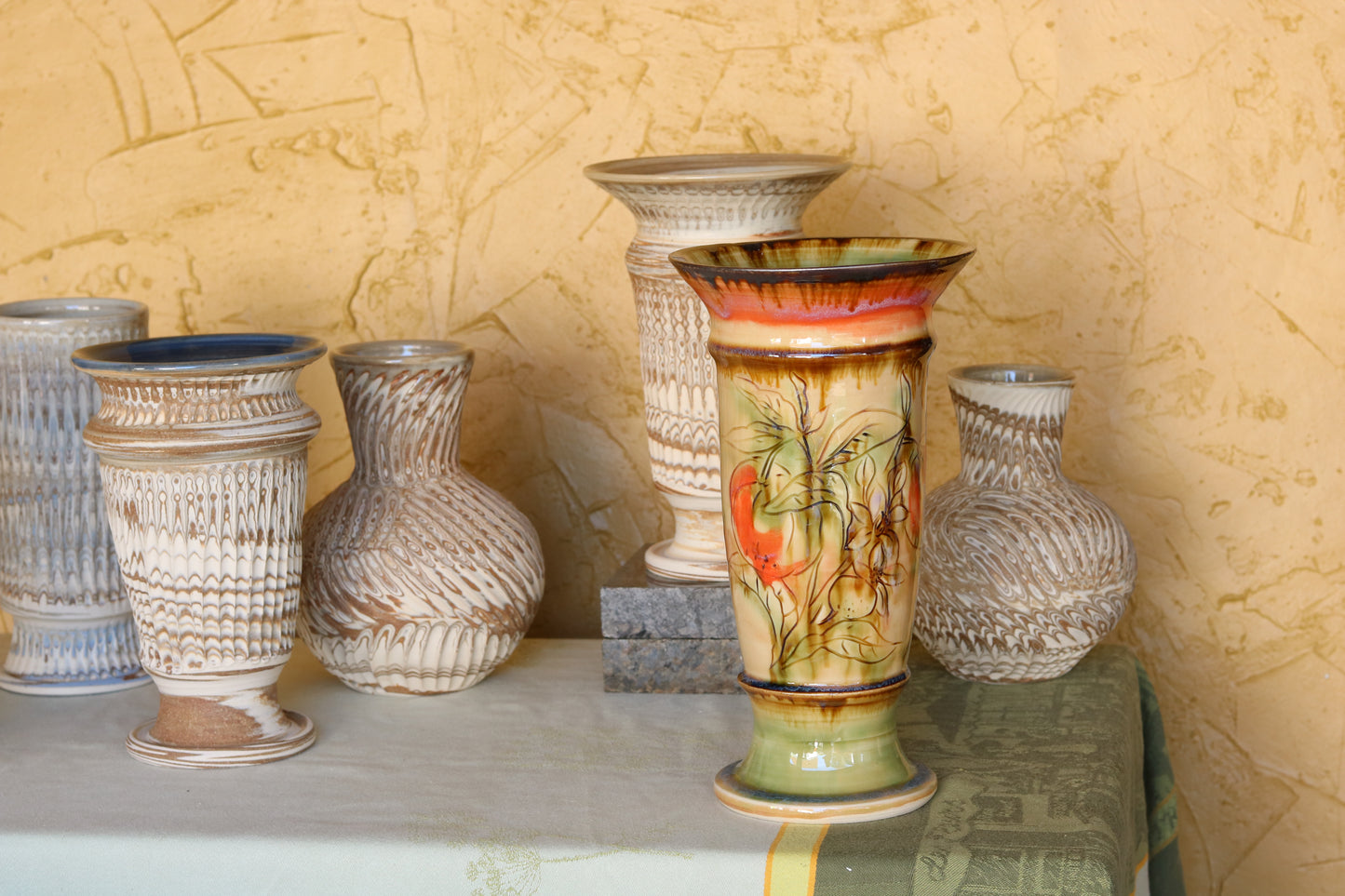 Tall Pedestal Vase with Orange Detail