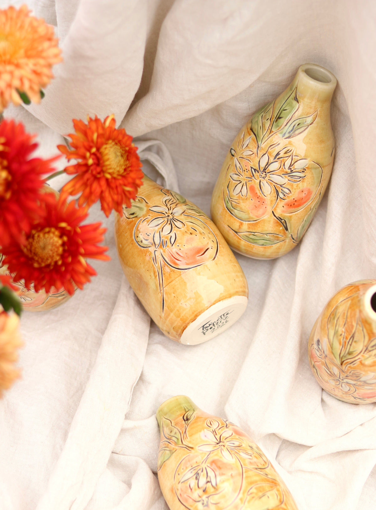 Hand Carved Botanical Bottle Vase Orange Blossom