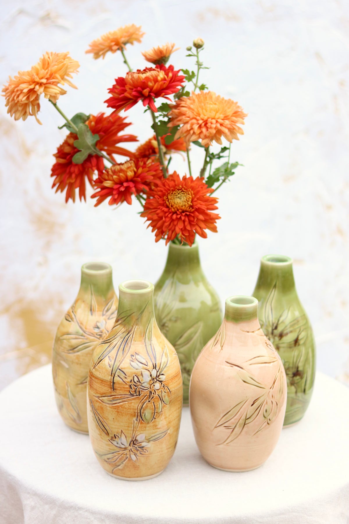 Hand Carved Botanical Vase in Olive Branch