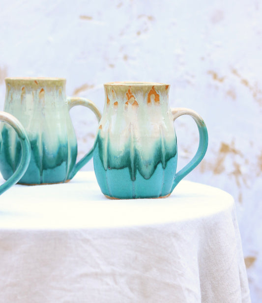 Grooved Mug in Cream and Turquoise