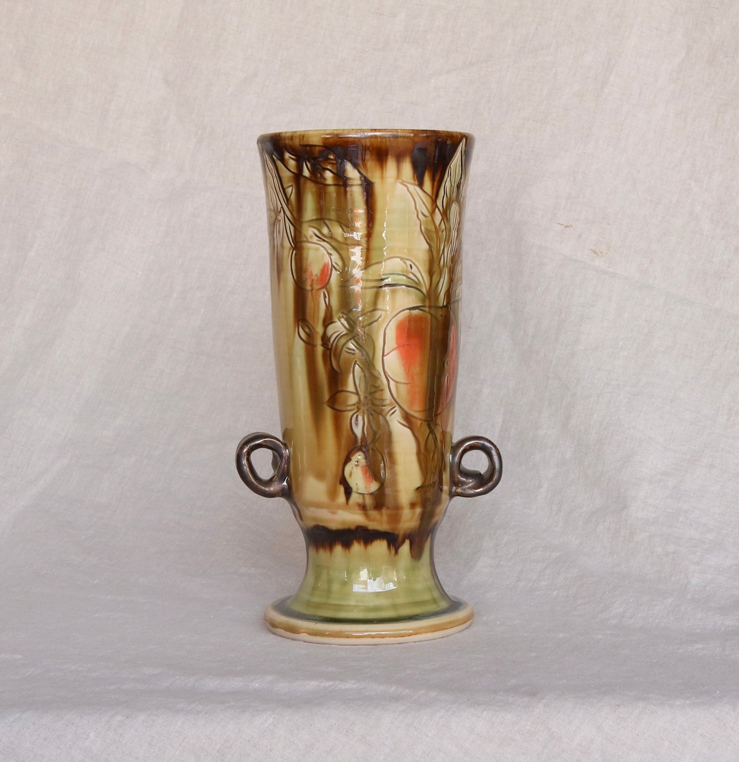 Ochre Yellow Pedestal Vase with Carved Orange Detail and Small Handles