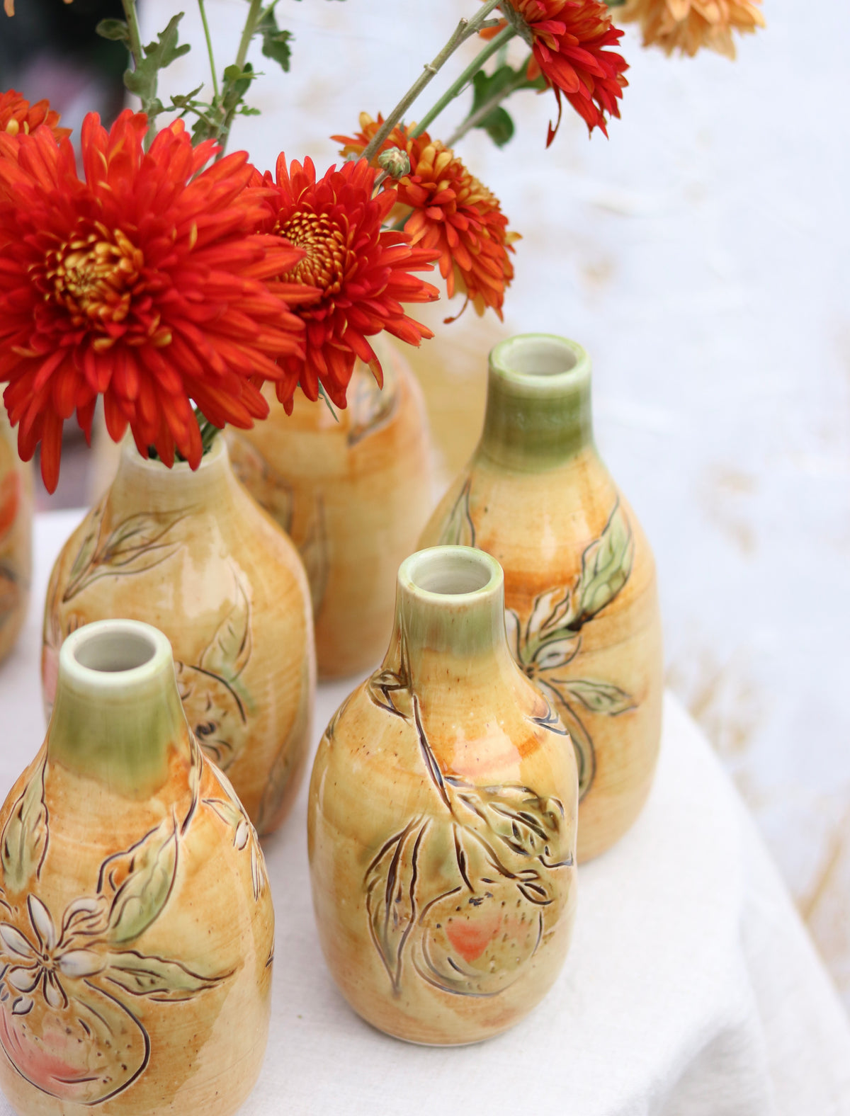 Hand Carved Botanical Bottle Vase Orange Blossom