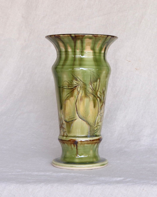 Emerald Green Pedestal Vase with Carved Lemon Detail