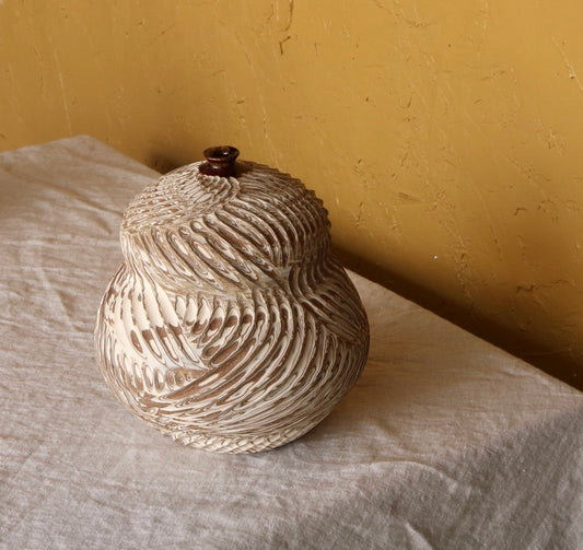 Gourd Carved Bottle Vessel from Marbled Clay with Umber Opening