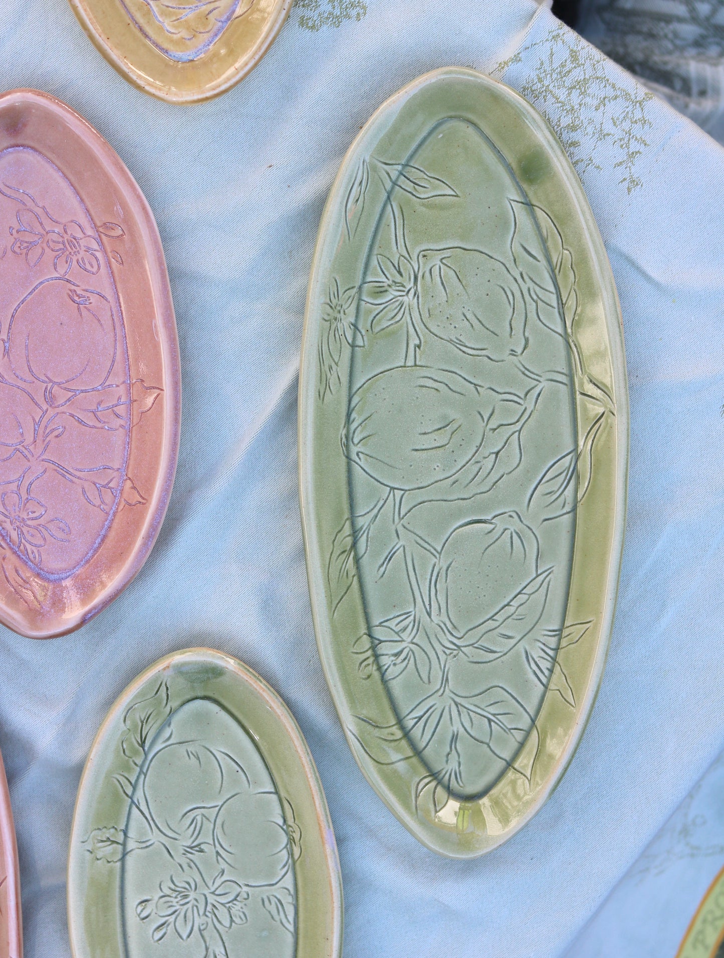 Verdant Green Glazed Lemon Botanical Carved 14" Narrow Tray, Gold Rim