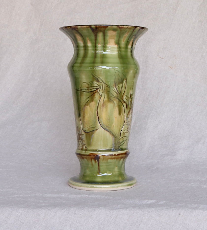 Emerald Green Pedestal Vase with Carved Lemon Detail
