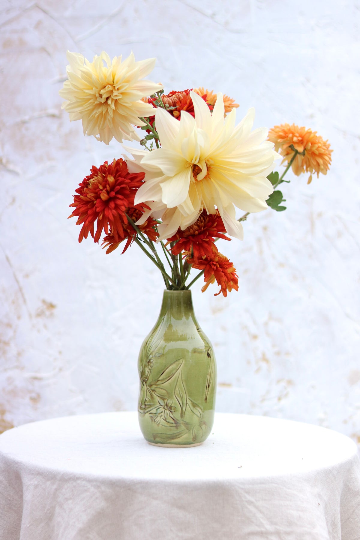 Hand Carved Botanical Vase in Olive Branch
