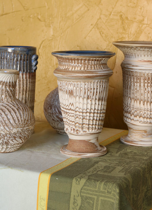Carved Pedestal Vase with Sky Blue Interior