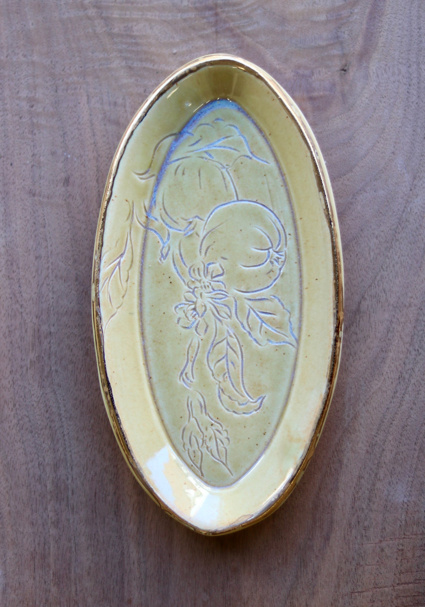 Honey Glazed Apple Botanical Carved 9" Tray, Gold Rim
