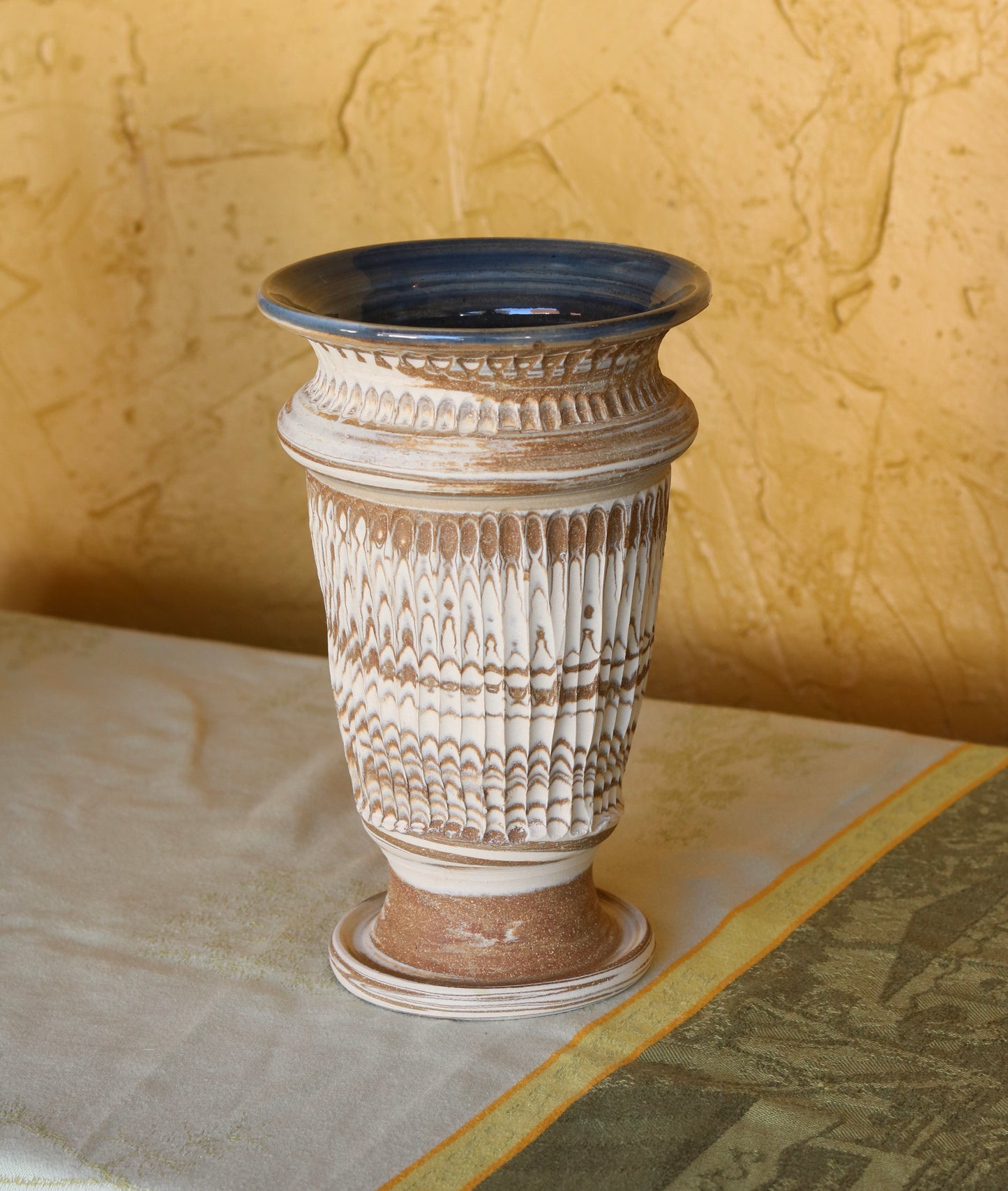 Carved Pedestal Vase with Sky Blue Interior